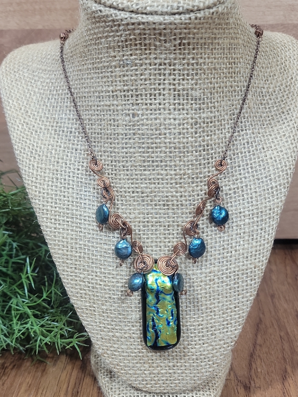 New Hand Crafted Glass~Peacock Coin Pearl & Copper Necklace